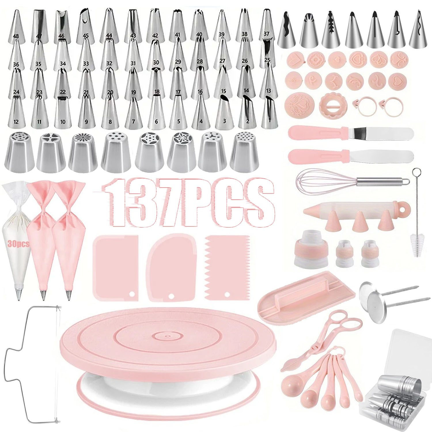 137-- piece ultimate cake decorating set with turntable – stainless steel piping tips, cupcake and baking tools for creative desserts: Pink