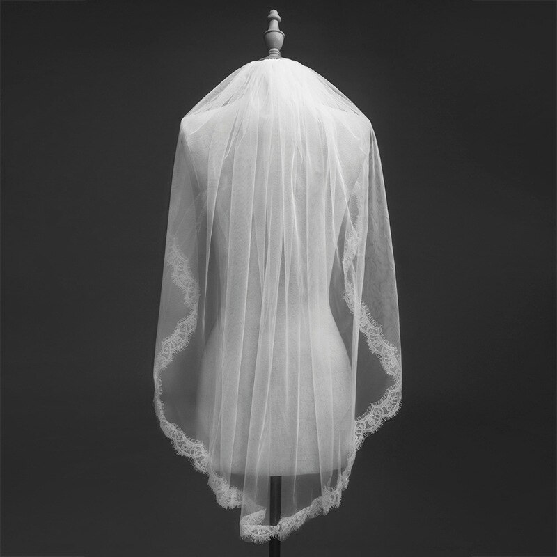 Short Wedding Veils White Ivory One Layer With Comb Lace Flower Edge Appliques Bridal Veil Weeding Accessoire voile de mariee