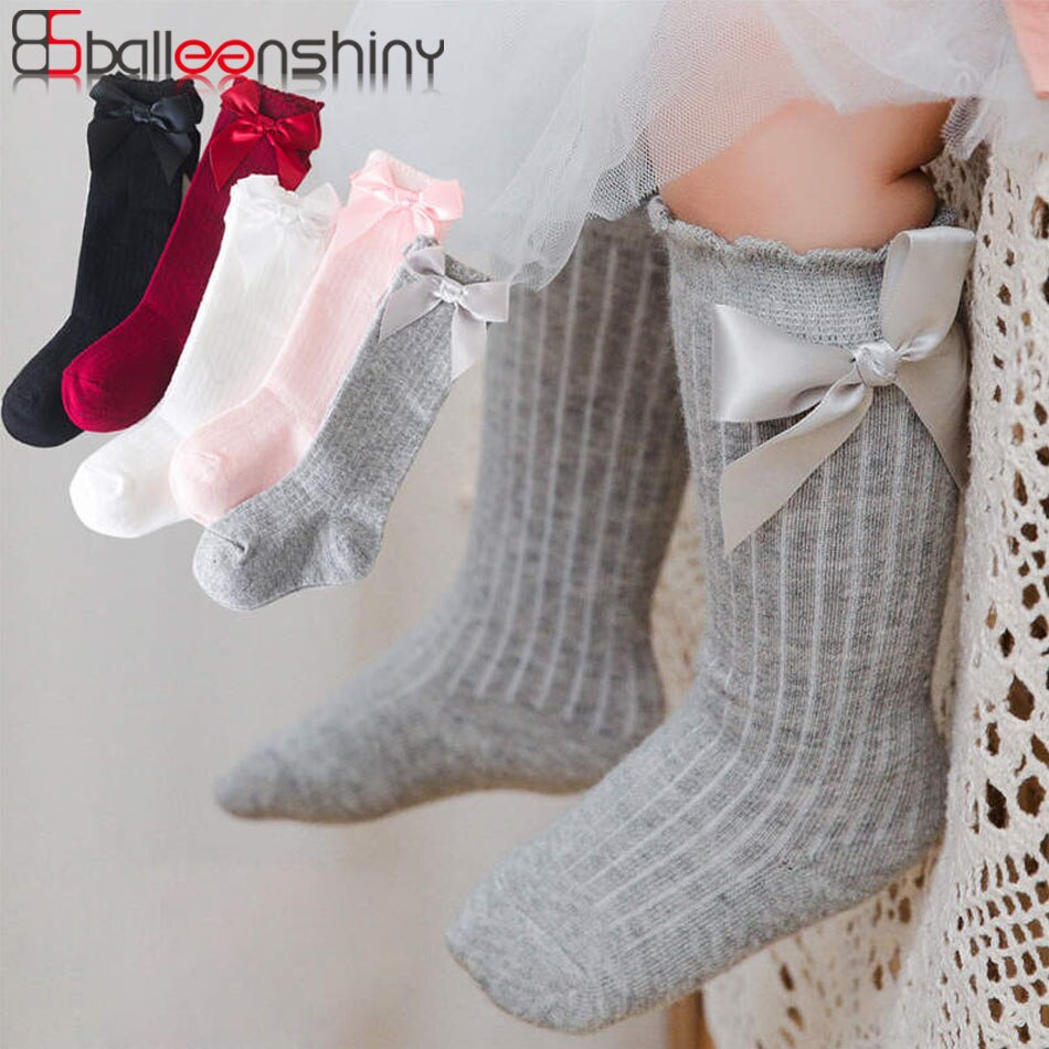 Balleenshiny – chaussettes pour enfants, en coton, avec gros nœud aux genoux, longues et douces, en dentelle, pour bébés filles