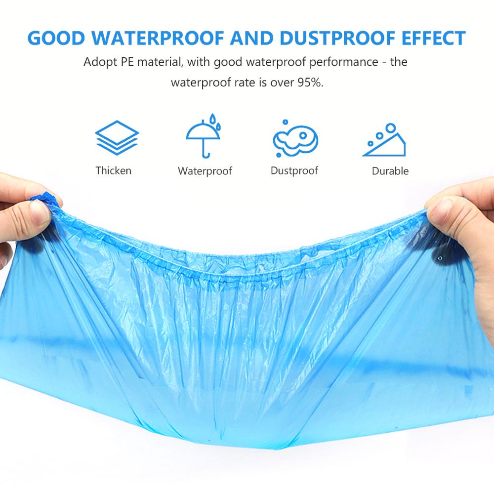 Couvre-chaussures jetables en plastique épais, 100 pièces, résistant à l'eau, bleu, pour l'extérieur, tapis de nettoyage, pour les jours de pluie