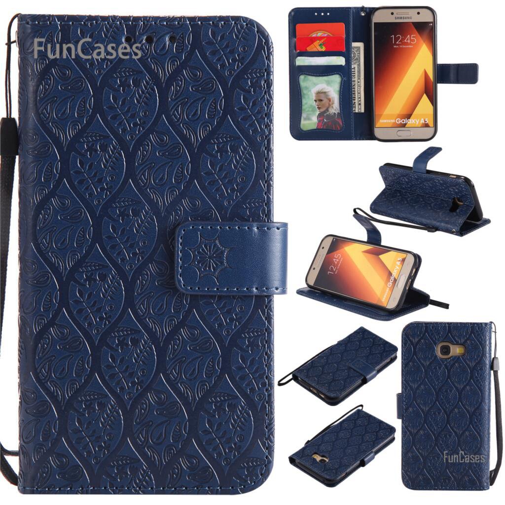 Funda con tapa en relieve de vid para Ajax Samsung A5 funda de teléfono de cuero de poliuretano Vintage funda de diamantes de imitación para Samsung Galaxy A520 Tok: Navy