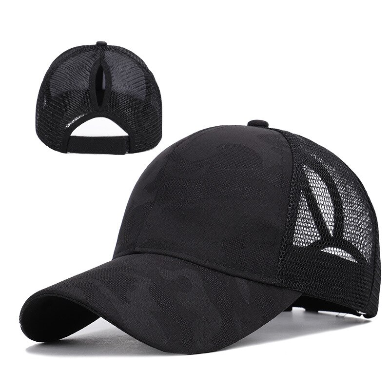 Sommer kvinder baseball kasket camouflage afslappet hestehale snapback hat mesh kvindelig justerbar hip hop kasket: Sort