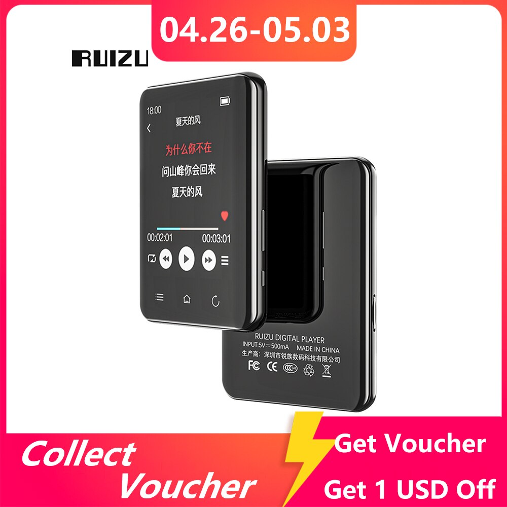 RUIZU-reproductor MP3 D66 con Bluetooth, pantalla táctil de 2,8 pulgadas, vídeo MP4, Hifi, para deportes al aire libre, con grabadora de libros electrónicos