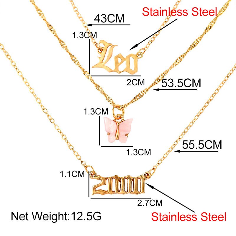 Trendy Butterfly Letter Choker Necklace For Women Multilayer Gold Color Stainless Steel Year Number Pendant Necklace Jewelry