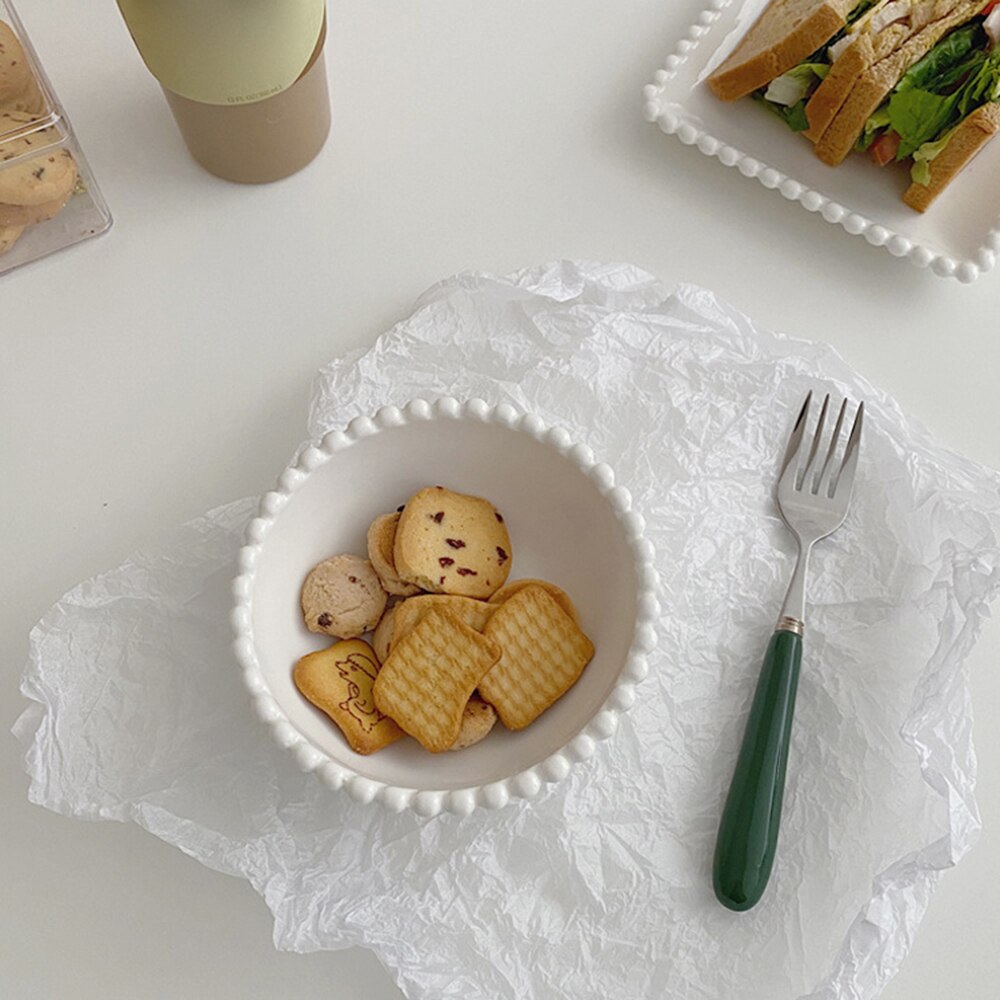 Assiettes à salade de fruits en céramique, assiette à Dessert, motif de gaufrage, plat à gâteau, assiettes blanches, service de vaisselle, accessoires de cuisine 1 pièces: round bowl