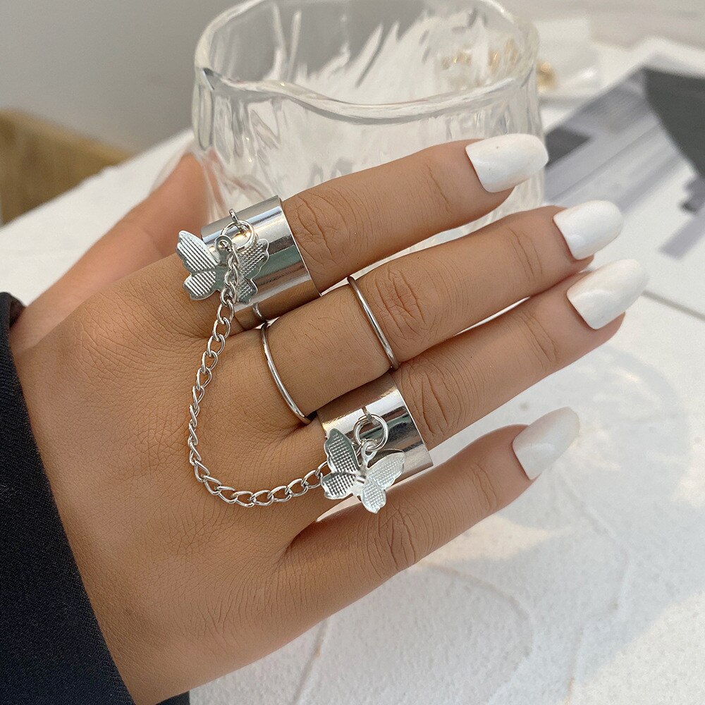 2 Stks/set Punk Lange Kwast Ketting Ringen Voor Vrouwen Hip Hop Mannen Zilver Kleur Hollow Geometrische Paar Ring Set Mode partij Sieraden: RI21Y0652-2