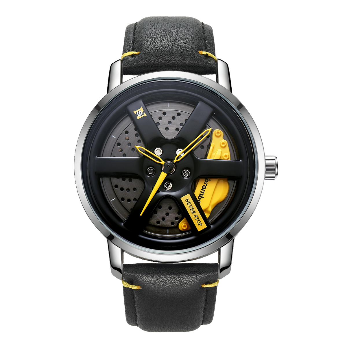 Reloj con cubo de rueda de coche NS para hombre, reloj deportivo minimalista a la , reloj de cuarzo informal de cuero con calendario: YELLOW