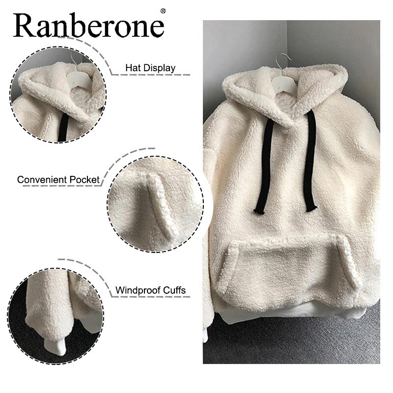 Ranberone Vrouwen Warm Fleece Hoody Herfst Winter Kleding Pluche Warme Pluizige Double Hoodies Trui Losse Sportkleding