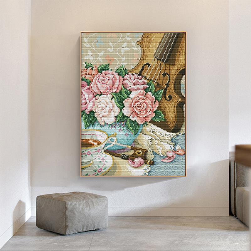 Rose and Violin Cross Stitch Kits DIY Floral Pattern 14CT 11CT Count Canvas Printed Embroidery Set Needlework Sewing Kit Crafts