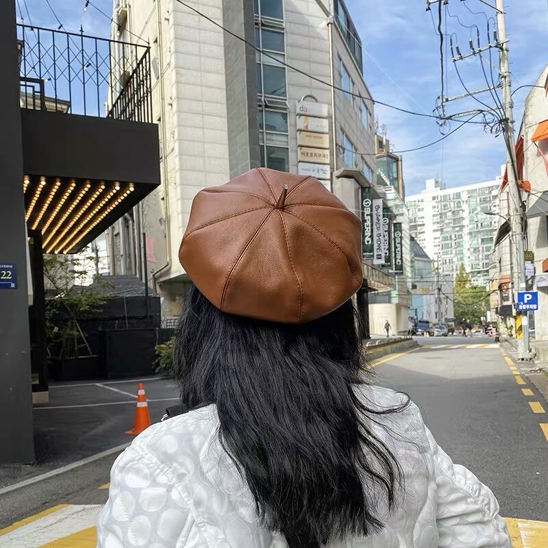 Vintage Women Beret Solid Beret Cap Pu Leather Beret French Artist Warm Beanie Pumpkin Hat Female Ladies All-Match Adjustable