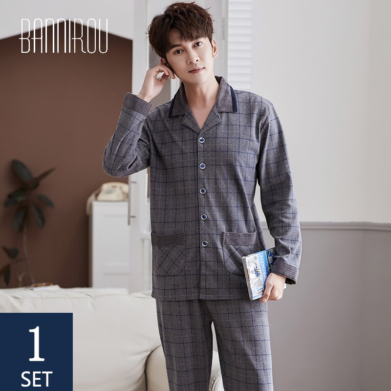 Bannirou 2 Stuks Winter Pijama Hombre Set Nachtkleding Voor Man 100% Katoen Pyjama Past Mannen Thuis Kleding l-XXXL