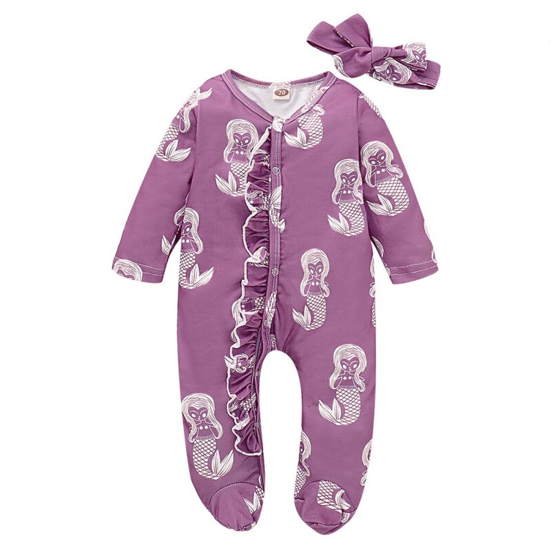 Frühling herbst neugeborenen Baby Footies overall + kopfschmuck langarm rüschen baumwolle baby junge mädchen kleidung 0-18M