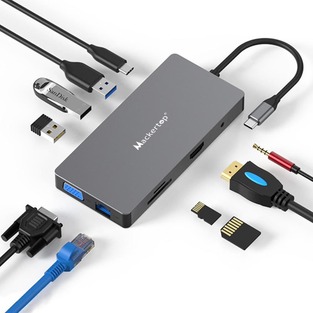 Concentrador de red USB tipo C, Adaptador tipo C 10 en 1, Hub USB C con 4K HDMI, VGA, 60W PD y conector de Audio para MacBook Pro/Air Black