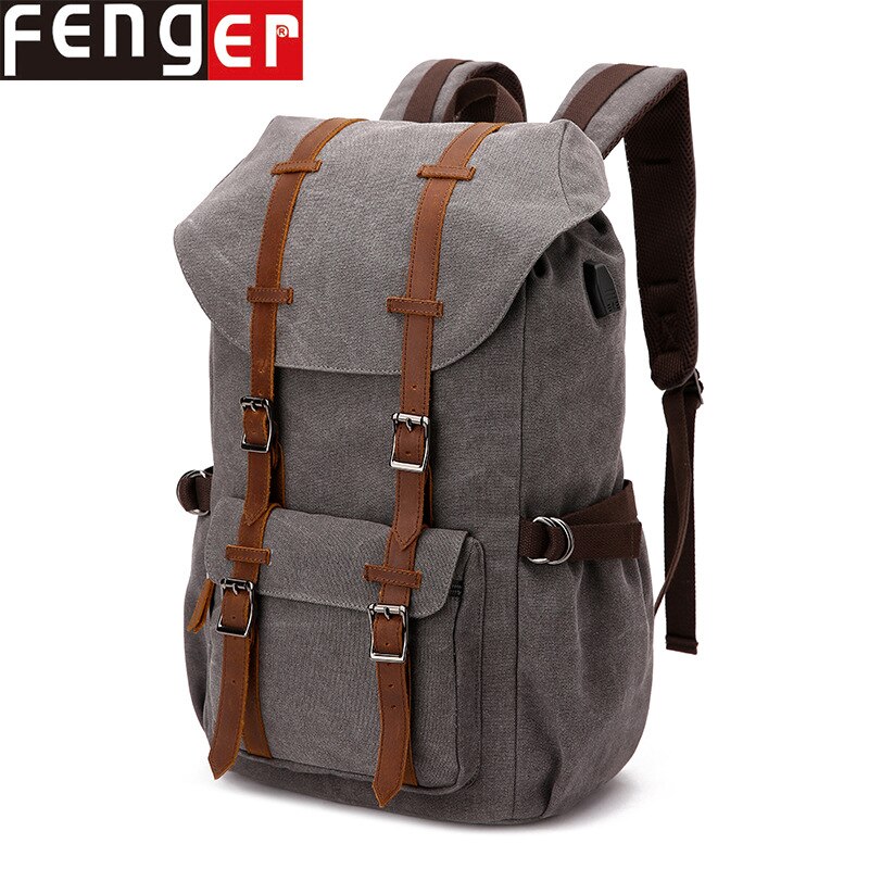 Neue Stil Leinwand Tasche USB Gewaschen Leinwand Retro Casual Rucksack Männer Reise Rucksack Laptop Tasche: Gray