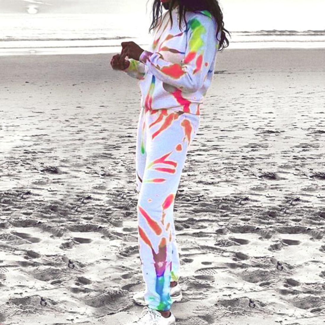 Women Tie Dye Tracksuit Two-piece Set Long Sleeve Top Elastic Waist Long Pants Women Running Sportswear