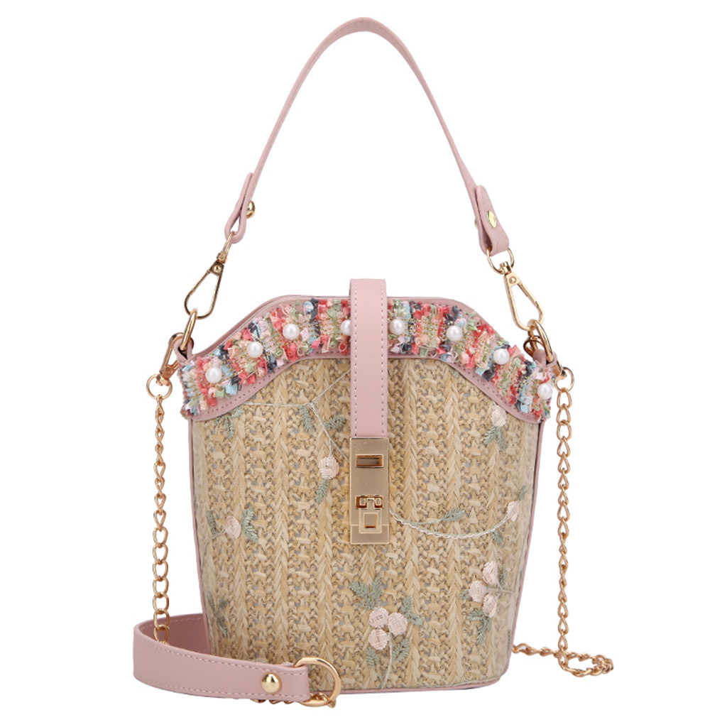 Summer Bag With Flowers Women Csual Beach Vacation Simple Lace Embroid Straw Bucket Bag Burlap Square Bag Messenger Bag: Pink