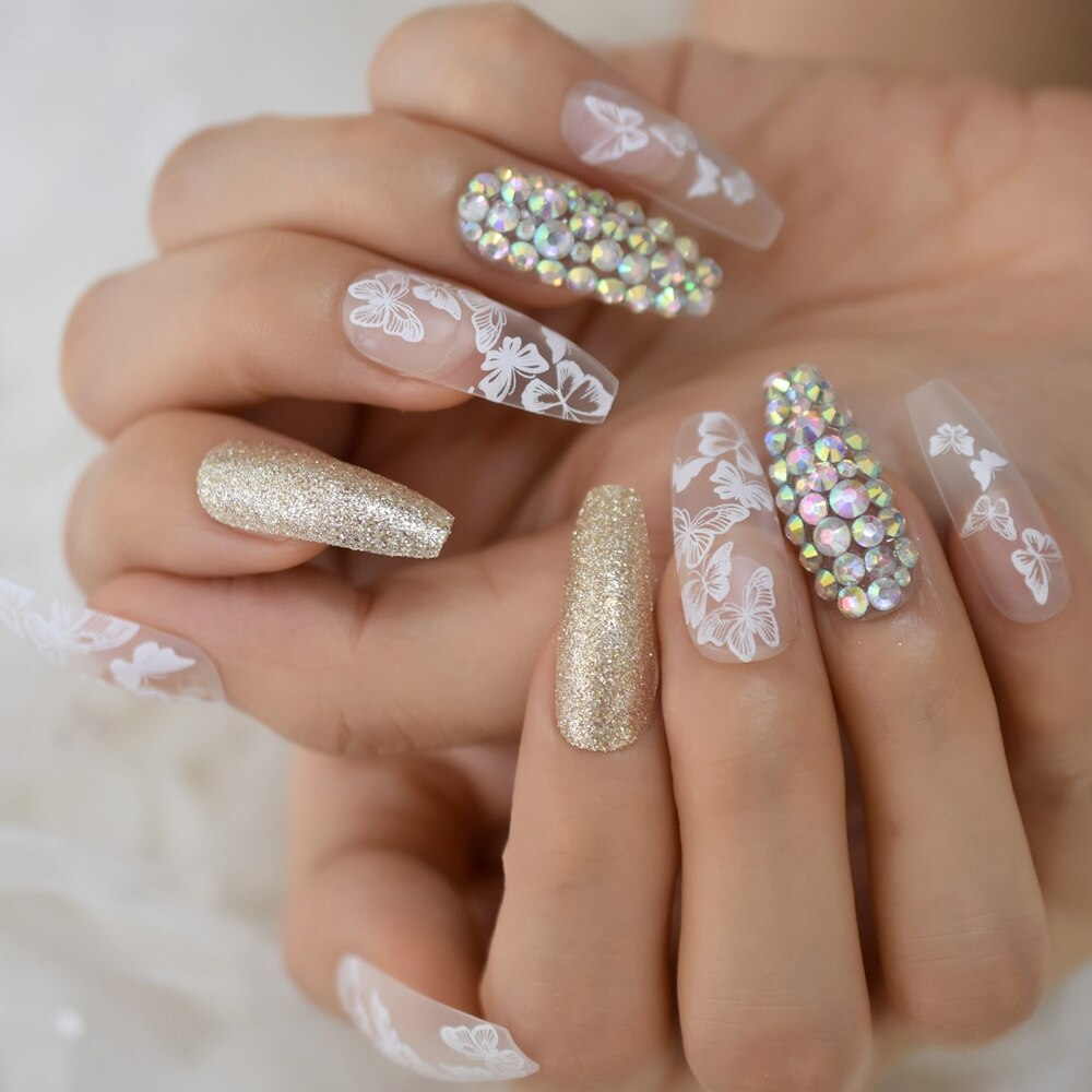 Faux ongles transparents en forme de papillon et paillettes pour Nail Art, pointes de pour Salon, été, 24