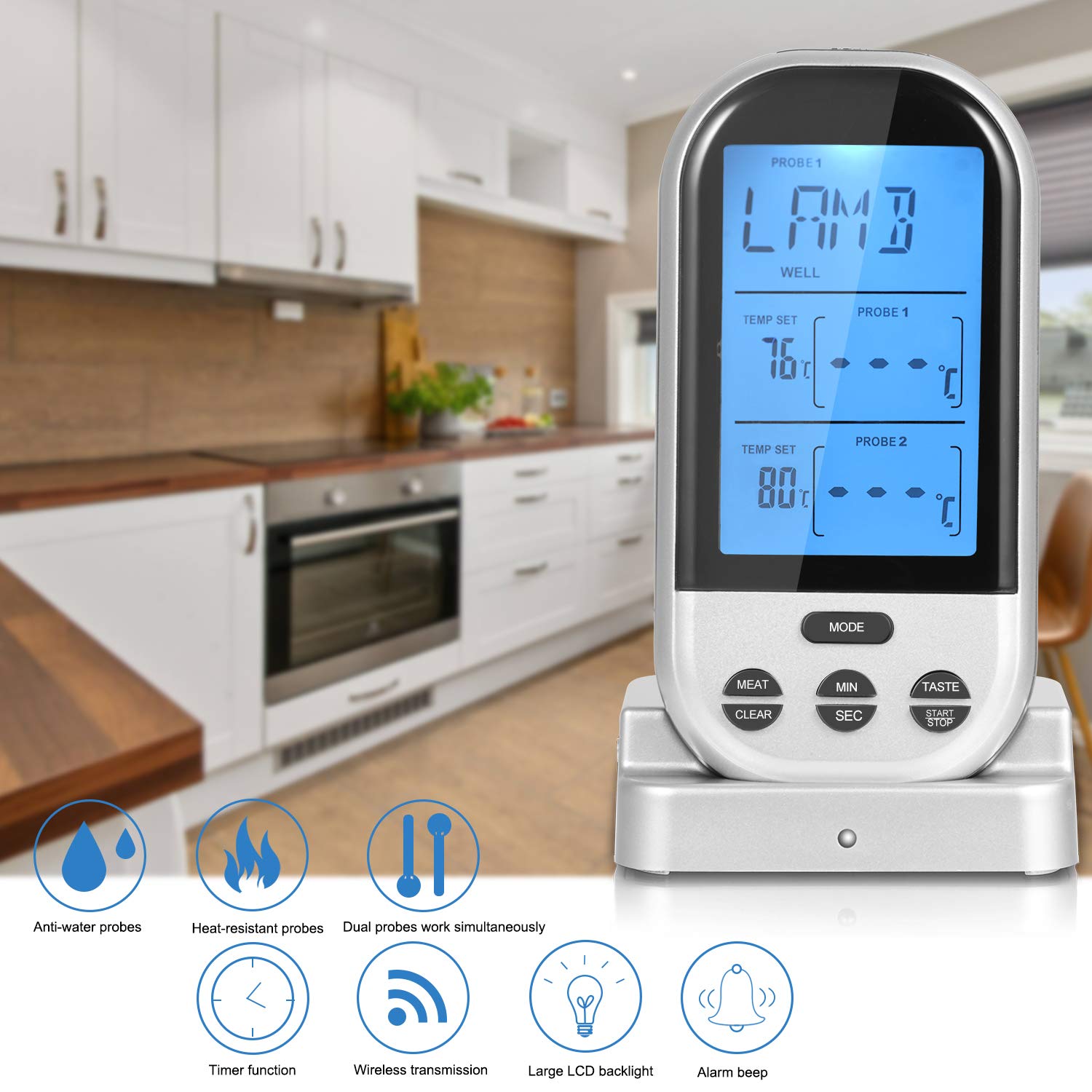 Meat Thermometer, Bbq Thermometer Wireless Meat Thermometer With Dual Probe Can Be Used For Oven Smoker Grill Bbq