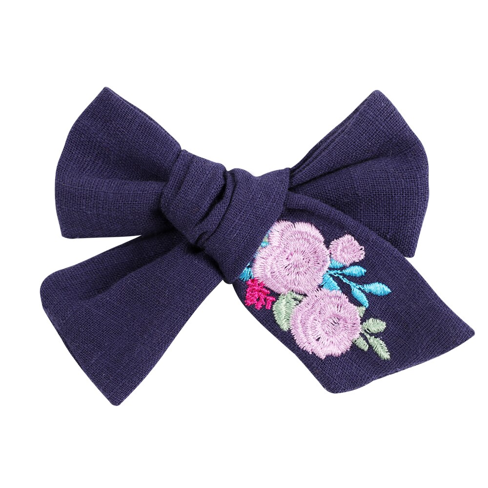 Flower Embroidery Bows Hair Clips For Kids Girls Boutique Handmade Hairpins Barrettes Headwear Hair Accessories: small navy
