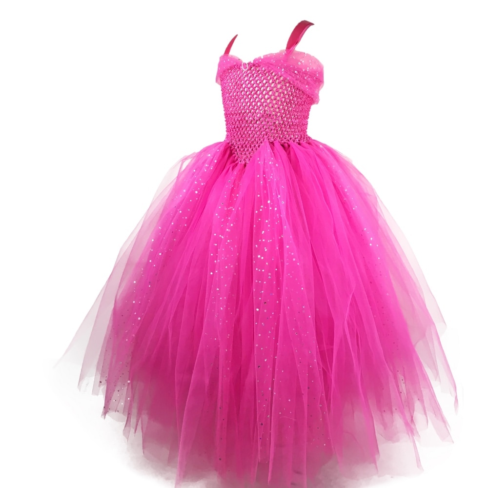 Meisjes Roze Glitter Tutu Jurk Kids Haak Sparkle Tule Jurk Lange Baljurk Kinderen Verjaardagsfeestje Kostuum Prinses Jurk