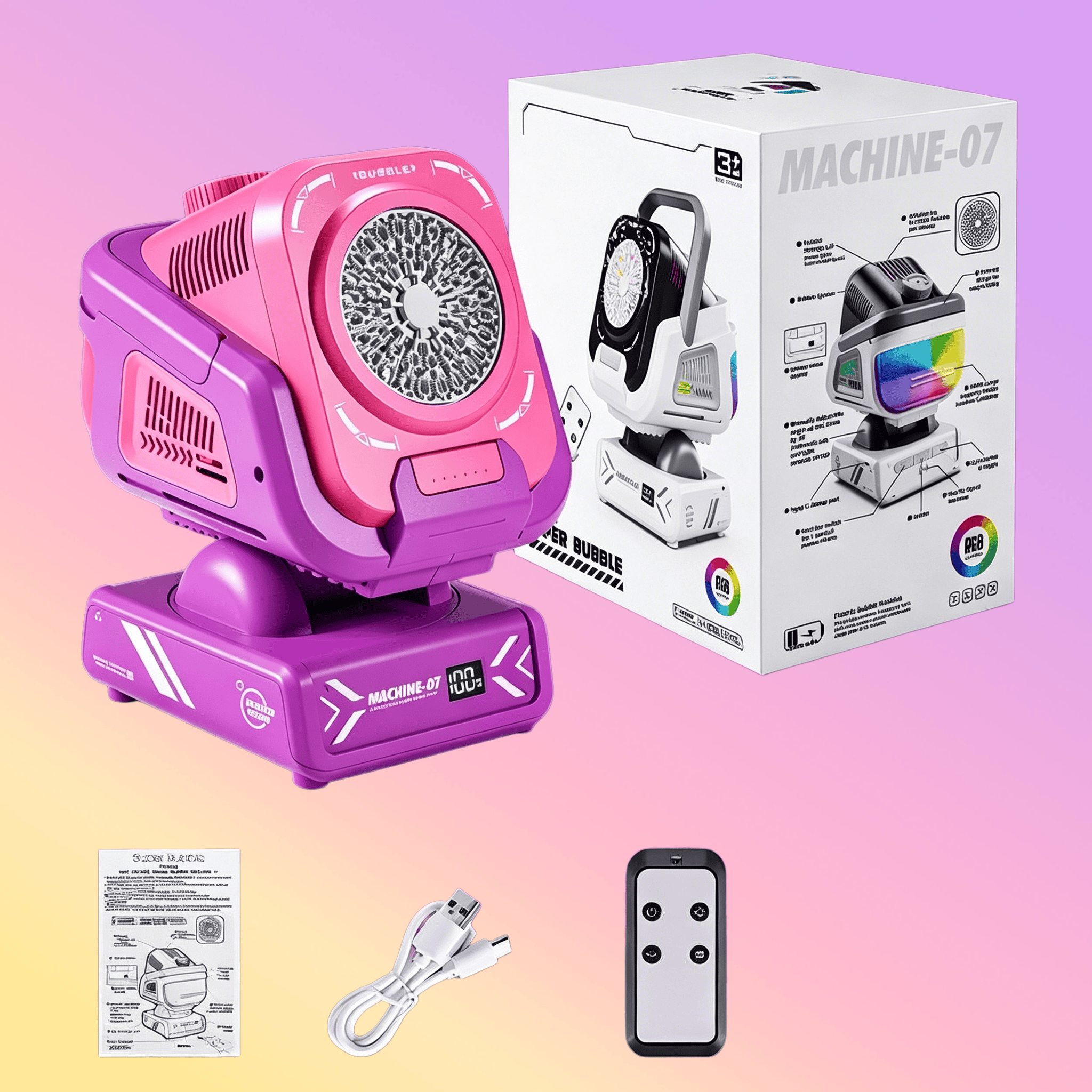 Diese verbesserte Seifenblasenmaschine von 2026 verfügt über eine Fernbedienung, automatische Drehung und RGB-Lichter. Es unterstützt das beladen über USB-C mit integrierter Funktion.: Rosa