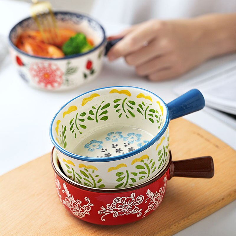 Ceramic Bowl with Handle Glaze Baking Plates French Onion Soup Bowl Roasting Lasagna Pan Round Bakeware