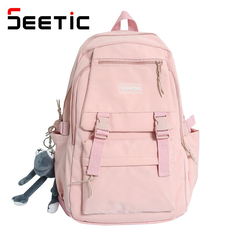 SEETIC Wasserdicht Schule Rucksack Mehrere Taschen Rucksack Weibliche Nylon Anti-Diebstahl Rucksack Frauen Einfarbig Rucksack: Rosa Rucksack