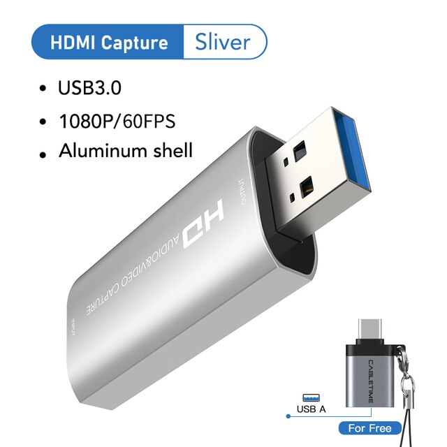 CABLETIME USB 3.0 4K HDMI karta przechwytująca robić portu USB HD 1080P HDMI pętla robić nagrywania wideo na żywo C386: Sliver