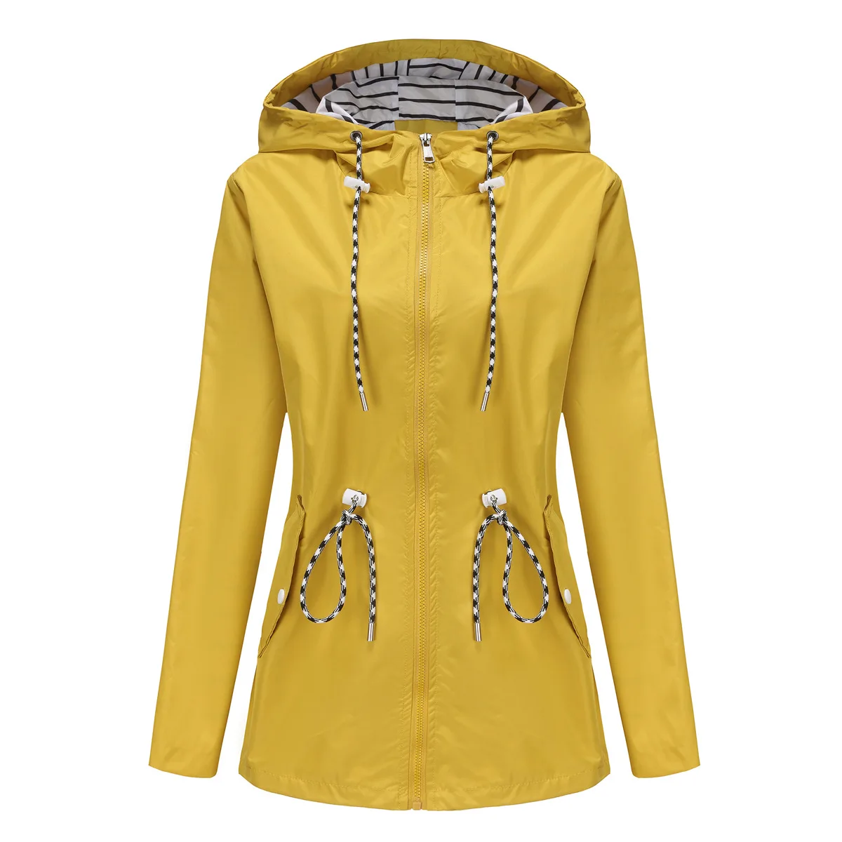 Blue Waterproof Hooded Jacket Women Casual Coat Waist Drawstring Tie Zipper Switch Red Green Yellow Black Windbreaker