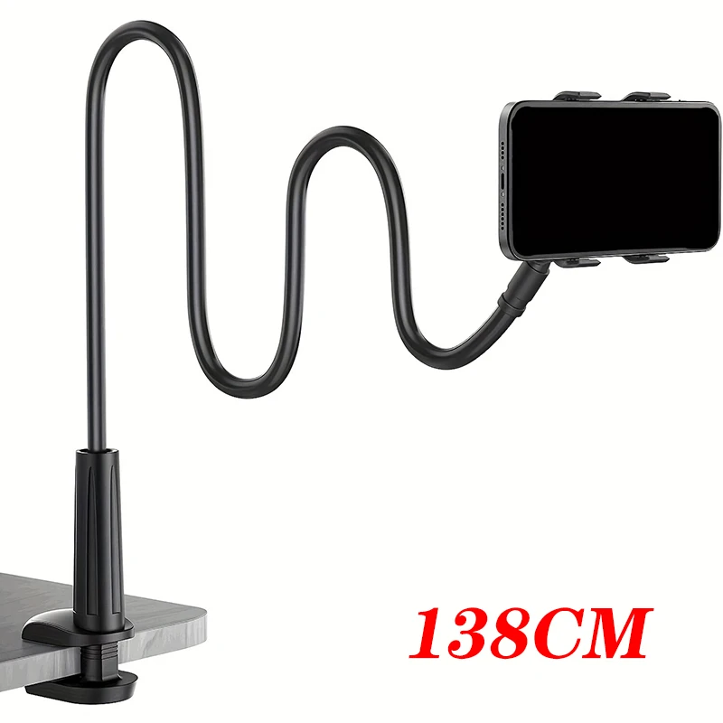 Soporte para teléfono móvil de 138cm con mango, soporte de escritorio, soporte de extensión para mesita de noche, soporte en espiral , soportes rectos: Negro