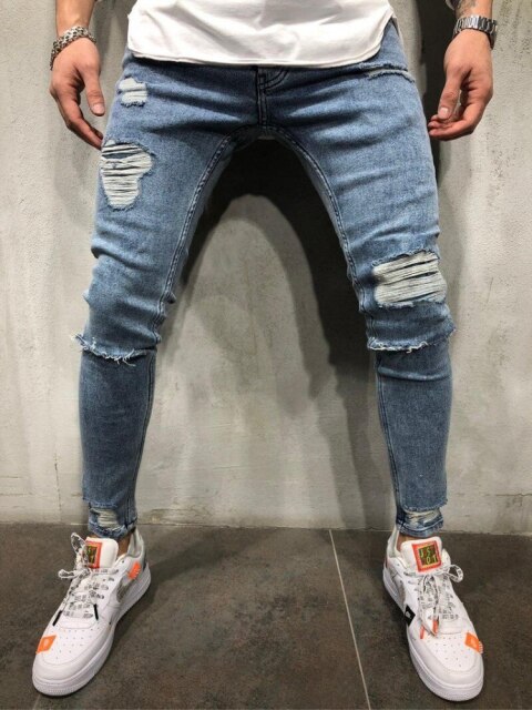 Ripped Skinny Jeans Mannen Blauw Potlood Broek Mannelijke Slanke Biker Denim Broek Gat Punk Casual Close-Fitting Broek: M
