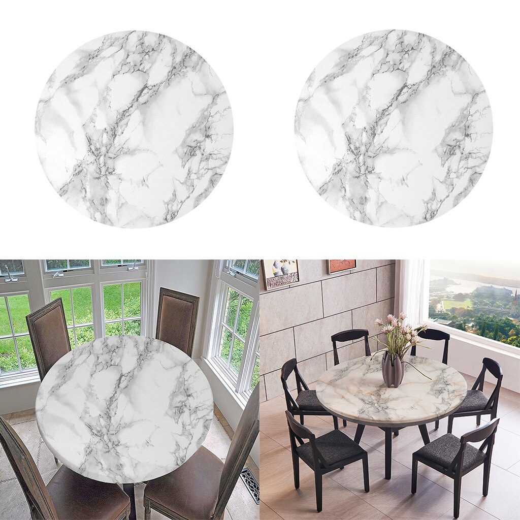 2-Pack Fitted Vinyl Table Cloth Round With Elastic Edge - Fits 47 Inch Tables (Black Marble)