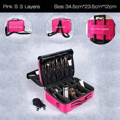 Women Brand Cosmetic Bag Travel Makeup Organizer Make Up Box Cosmetics Pouch Bags Beauty Case For Makeup Artist: Pink  S  3   Layers