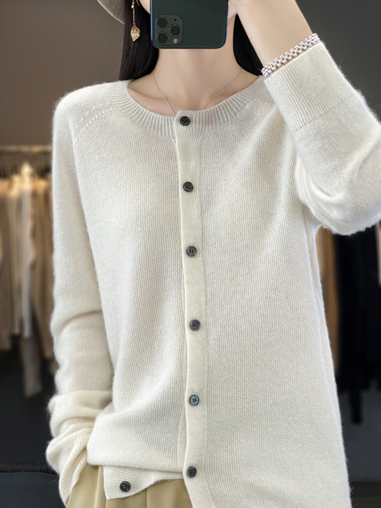 mujer 100% cárdigans de lana merina suéter de cachemira Otoño Invierno cuello redondo prendas de punto de manga larga ropa básica femenina Tops