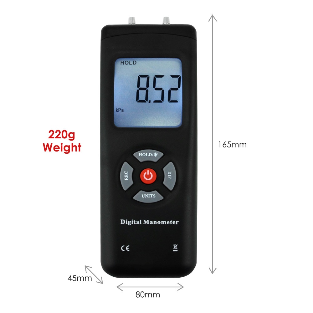 Bærbar håndholdt luftvakuum/gastrykmåler digitalt manometer 11 enheder med baggrundsbelysning  +/-13.78 kpa  +/-2 psi