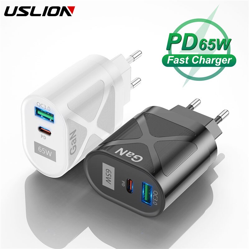 Uslion 65W Gan Charger Pd 3.0 Type-C Snelle Oplader Voor Macbook Pro Laptop Usb 3.0 Snel Opladen voor Iphone 13 Pro Huawei Xiaomi