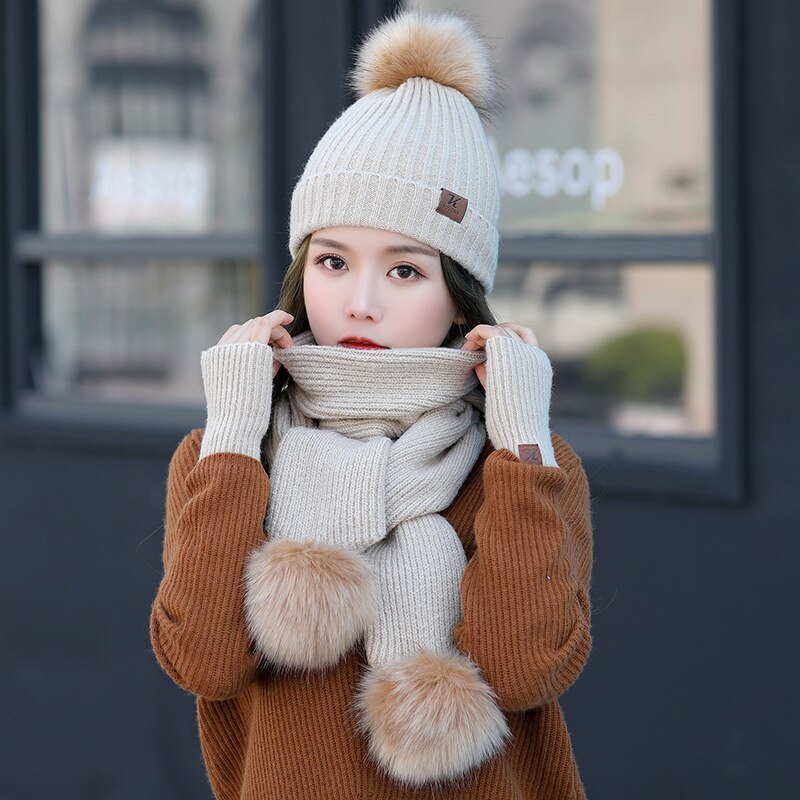 , conjunto de guantes de lana para invierno, bufanda, conjunto de guantes gruesos para mujer, gorro y bufanda suave, gorro para chicas, Gorro con pompón de bola