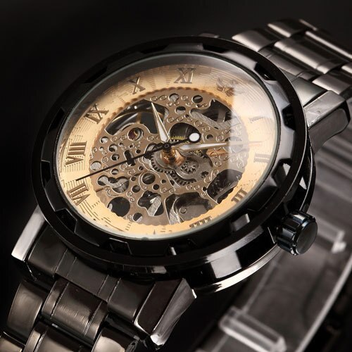 SEWOR winner Skeleton Mechanische Horloge Golden Transparante Steampunk Klok Mannen Roestvrij Volledige Stalen Horloge Relogio: Beige