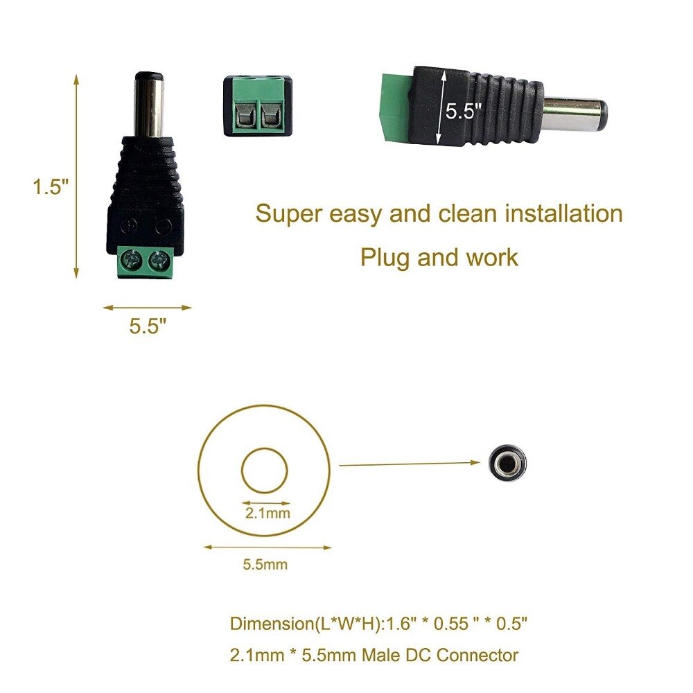 1 pcs DC Conector 5.5mm x 2.1mm Power Jack Feminino Masculino Plug Adapter Para 3528 5050 5630 Único cor LED Strip E Câmera de CCTV