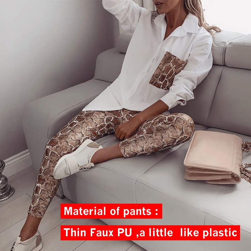 Two Piece Set Snake Print Women's Shirt Suit Long Sleeve Pocket Blouse Female Pants Sets Spring Suits Thin Faux PU Plastic: S