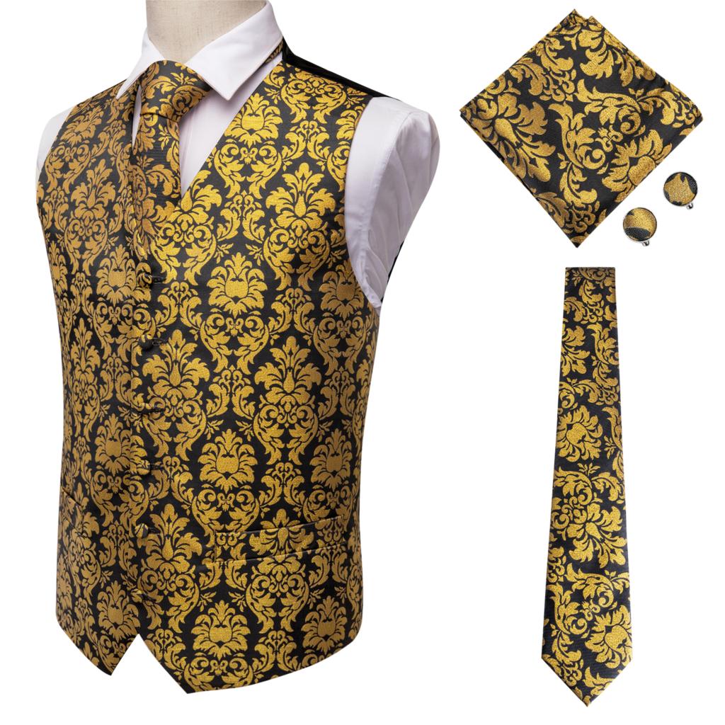 Vest for Men Gold Suit Vest Floral Waistcoat Summer Vest Tuxedo Paisley Tie Set Cufflinks for Wedding Business Hi-Tie WJ-0008