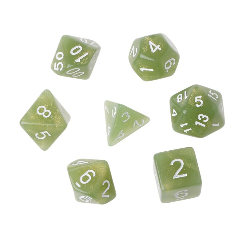 7 stk flimrende polyedriske terninger til dragon pathfinder  d20 d12 2 xd 10 d8 d6 d4: Grøn