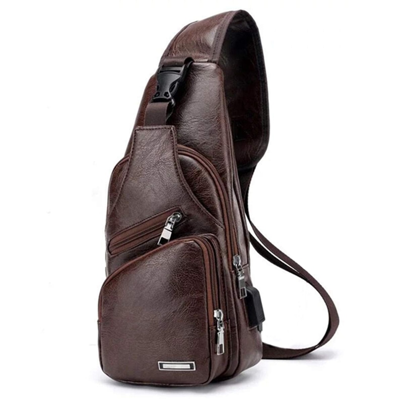 Sac de poitrine pour homme avec Port de Charge sac USB rétro bandoulière en cuir Pu Vintage sac d'affaires pochette pour Sport marron foncé: Default Title