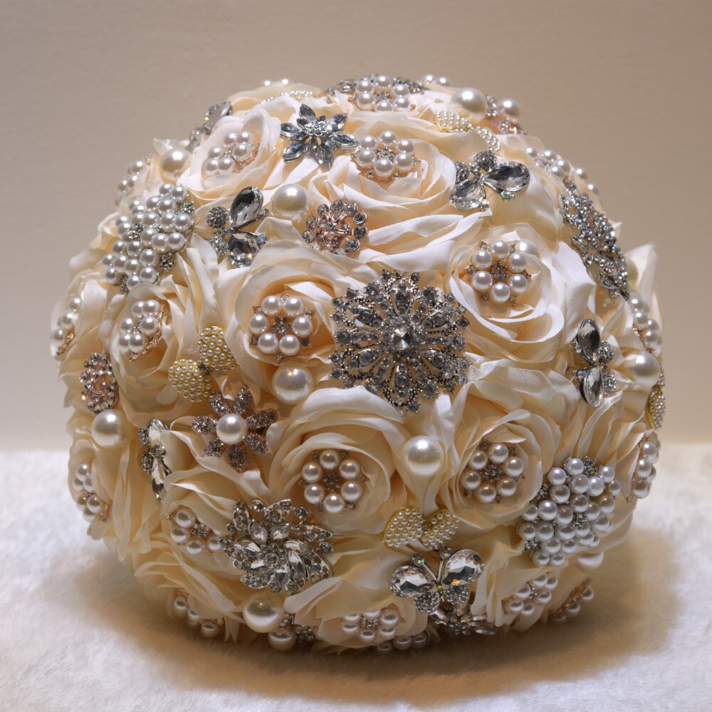 Kyunovia Kleuren Luxe Crystal Broche Boeket Kunstbloemen Boeket Steentjes 25Cm Grote Bruid Bruiloft Boeket GC11: Ivory
