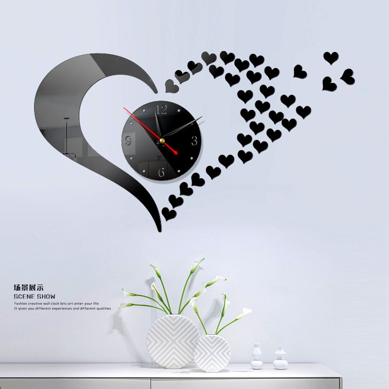 Etiqueta del reloj de pared con corazones encantadores, espejo, arte, pegatinas, reloj, decoración de pared, adorno de pared de salón,