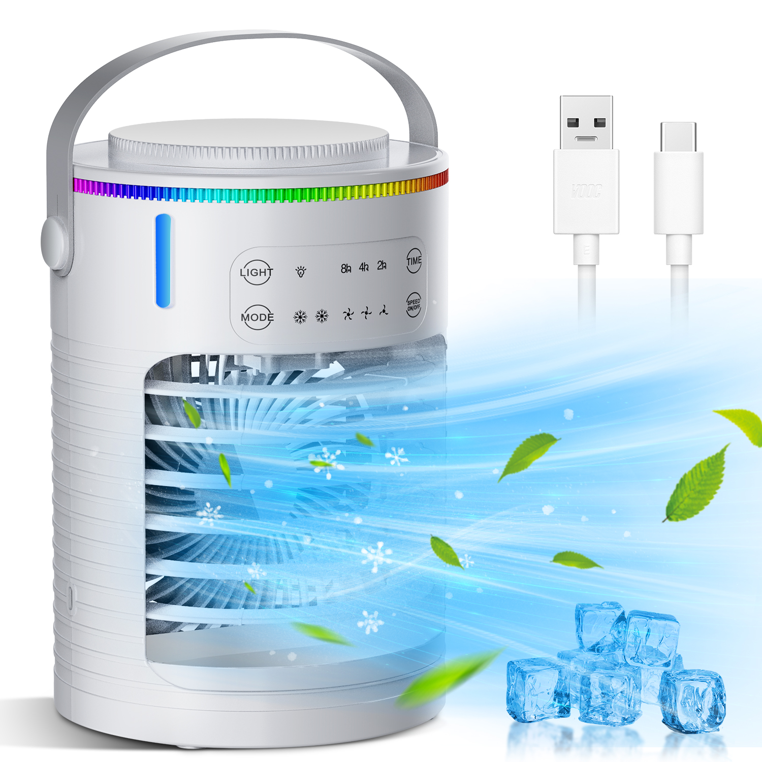 Tragbarer Wasserkühlventilator, kleiner Luftbefeuchter, Klimaanlage, Wassernebel, Kühlung, 4-Gang-Ventilator mit Nachtlicht für das Heimbüro