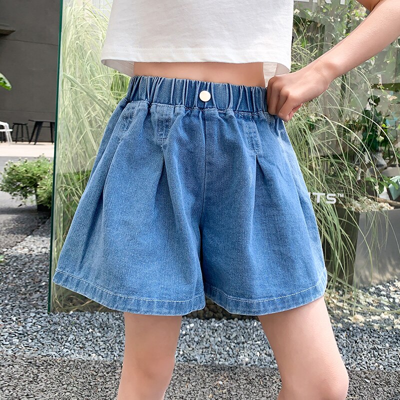 Pantaloni per adolescenti pantaloncini pieghettati lavati elastici per bambini estivi per ragazze pantaloncini per ragazze di moda bambini blu pantaloni corti Jeant vestiti