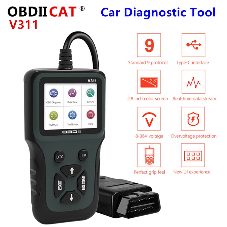 Obdiicat  v311 obd 2 scanner obd ii auto kode læser bil diagnostisk værktøj håndholdt 4- sprog baggrundsbelyst farve lcd display scanner