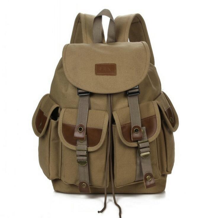 X-Online 032717 canvas travel backpack student school bag: Khaki