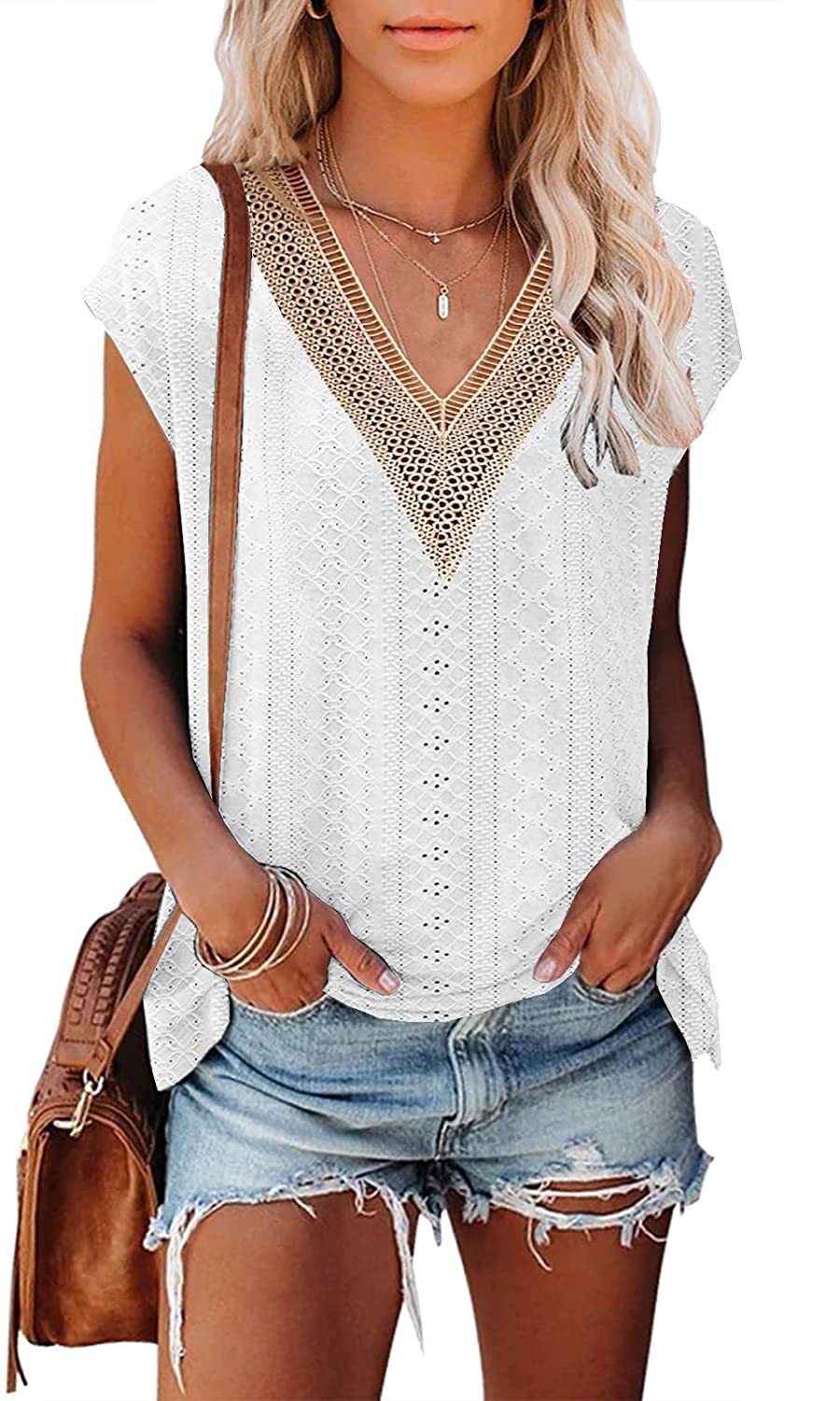 Yjkdyk dame sommertop kontrast t-shirt udhulet v-hals patchwork blonde t-shirt afslappet løs blød top kvinder: Xxl / Hvid